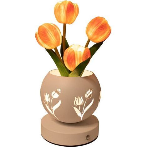 Veilleuse Tulipe Artificielle avec Vase Découpé, Chargement USB, 3 Couleurs, Intensité Variable, Jolie Lampe de Table (1/5)