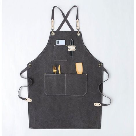 Tablier de Travail Hommes/Femme,Outil Tablier de Cuisine Sangle Ajustable Toile avec 3 Poches, Tablier d'Atelier de Menuiserie-gris (1/4)