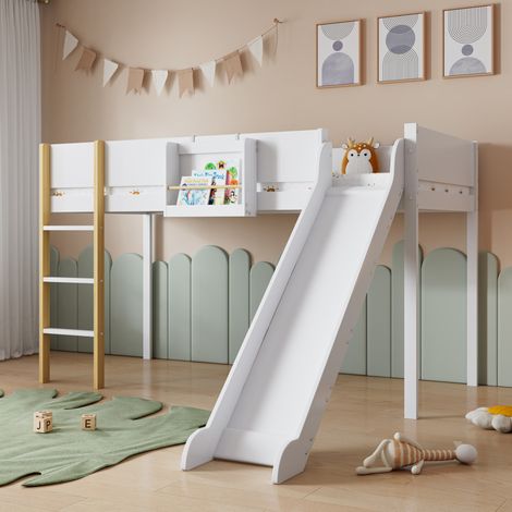 Cama alta infantil con tobogán y estante 90x200 OKMYHOME (1/5)