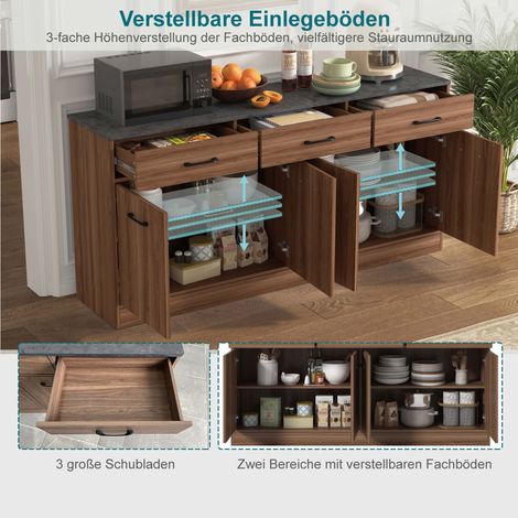 Buffet de cuisine avec 3 tiroirs et étagères réglables, îlot de cuisine 160cm avec plan de travail effet béton, finition noyer, 76,5x160x37cm (1/5)