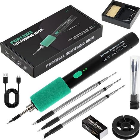 Kit de fer à souder sans fil avec batterie USB, comprenant 3 températures réglables (260°C à 450°C), 3 embouts de soudage, un support pour fer à souder, du fil à souder, de la pâte à souder et des (1/5)