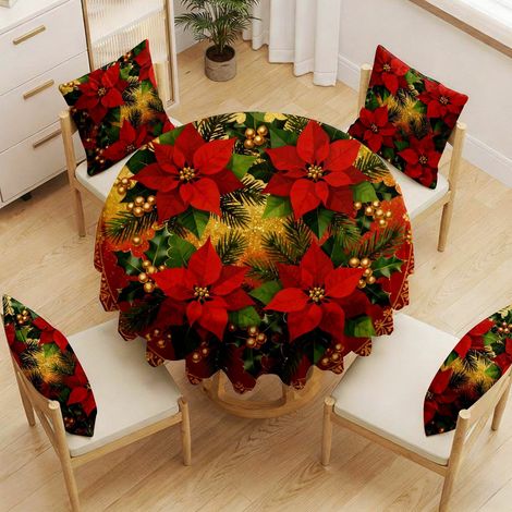 Nappe De Table De Noël - Motif Père Noël - Tissu Polyester - 150 x 150 cm - Pour Décoration De Fête