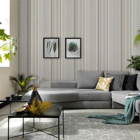 Papier peint rayure taupe, gris & beige chambre adulte | Tapisserie rayures grise salle à manger | Papier peint rayé intissé couloir (1/2)