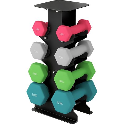 Ensemble d'haltères : 4 paires d'haltères hexagonales de 1 à 4 kg avec support de rangement, poignées antidérapantes et poignées hexagonales. (1/5)