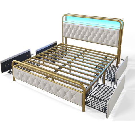 Cama de metal de 140 x 200 cm, cabecero multifuncional con LED blanco, carga USB tipo C integrada y 4 cajones, ideal para adolescentes y adultos (colchón no incluido). (1/5)