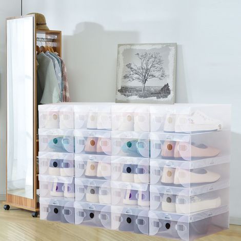 20 x boîtes à chaussures pliables, boîtes transparentes, 28 cm x 18 cm x 10 cm, boîtes à chaussures, empilables, boîtes en plastique, nervurées transparentes blanches (1/5)