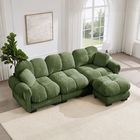 Canapé d'angle 3 places Cloud, comprenant un pouf amovible et 2 petits coussins décoratifs, design matelassé raffiné, coussins d'assise épais, moelleux et offrant un bon maintien, facile à monter, idé (1/4)