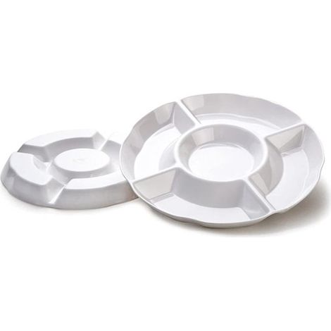 Set di 2 ciotole da portata in melamina (diametro 25 cm) con 5 scomparti. Ciotola divisa per antipasti, snack, verdura e frutta. Colore bianco. (1/5)