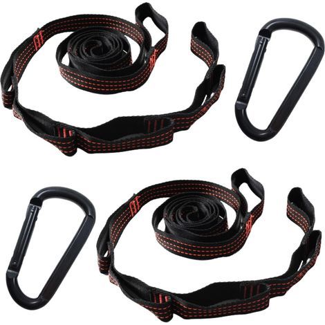 Accesorio de hamaca de 2 piezas, 2 m x 2,5 cm, correas ajustables con 6 hebillas, incluyendo 2 anillas en D, para árboles y columpios, negro y naranja. (1/5)