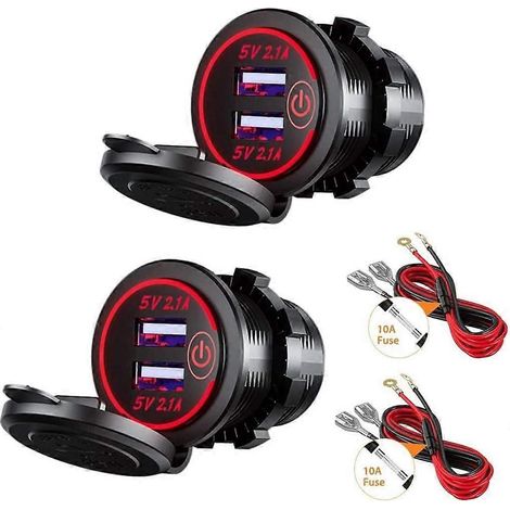 Deux prises de chargeur de voiture USB doubles, prise d'alimentation 5V 4,2A avec interrupteur, compatible avec 12V et 24V pour une utilisation marine, moto et camion (voyant rouge). (1/5)