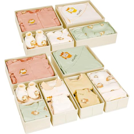 Organisateur Tiroir Rangement Vetement - Boite Rangement Tissu Pliable Lot de 12 Non-tissé Organiseur Bébé, Separateur Tiroirs pour Vêtements, Chaussettes, Soutiens-Gorge, Culottes, Beige (1/5)