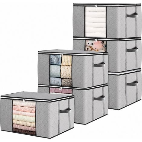 Sac de rangement pour couette, motif à carreaux gris clair, 90 L, tissu non tissé, organisateur de vêtements pour chambre à coucher, 6 x 90 L (1/4)