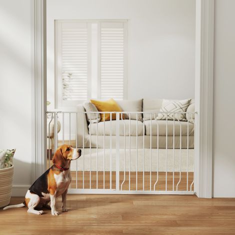 PawHut Hundesicherheitsgitter, ausziehbar 75–145 x 76 cm, Treppen-, Flur- und Türbarriere, kein Bohren erforderlich, Stahl und ABS, Weiß