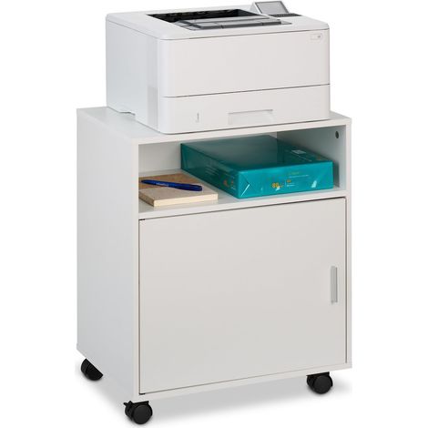 Relaxdays Carrello Porta Stampante, con 3 Scomparti e Anta, Mobiletto con Ruote per Ufficio, HxLxP: 57x48x34 cm, Bianco