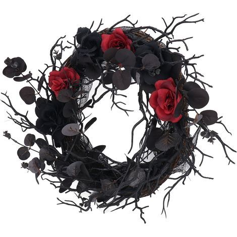 Couronne d'Halloween en ABS noir avec fleurs rouges et branches artificielles pour décoration de porte