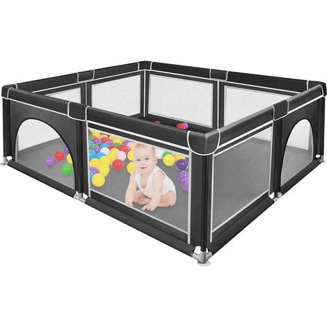 Parc Bebe xxl avec Barrières, Parc de jeux bébé avec maille douce respirante, Grand espace de jeu de sécurité, Sac de rangement inclus, 180x150x66cm, Noir (1/5)