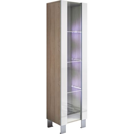 Vetrina con Piedini 12cm e LED Mobile Soggiorno Moderno Salotto Vetrinetta pensile 40x177x28 Modello Luke V5 Sonoma opaco e Bianco lucido