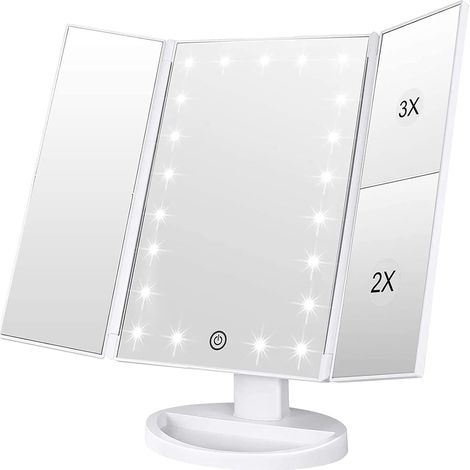 Miroir de courtoisie avec 21 lumières LED, écran tactile réglable et grossissement 1x/2x/3x, miroir de maquillage pliable en trois parties (blanc) (1/5)