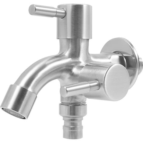 Robinet de machine à laver G1/2" - Montage mural - Avec sorties d'eau indépendantes - En acier inoxydable brossé - Double robinet pour machine à laver, jardin, maison et industrie - Argenté