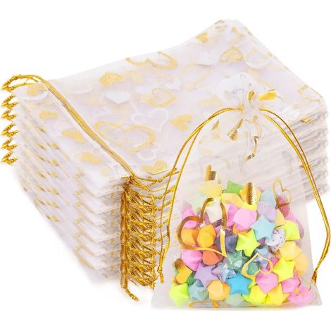 Bardusch-Sachets en organza imprimés de cœurs, parfaits pour offrir des bijoux, des bonbons, pour un mariage, la Saint-Valentin, la fête des mères, une fête ou Noël. (1/5)