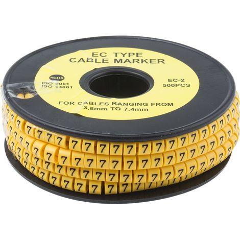 Repère câble , Ø câble 3.6  7.4mm, texte : 7, Noir sur Jaune ( Prix pour Bobine de 500 )