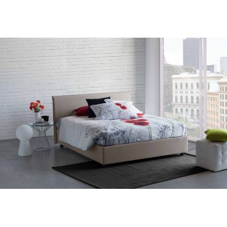 Dmora - Lit double Dahmeta, Lit conteneur avec revêtement en tissu, 100% Made in Italy, Ouverture frontale, avec matelas Cm 140x190 inclus, Tourterelle (1/5)