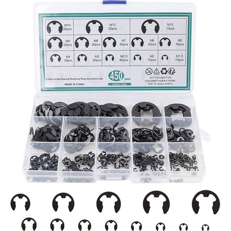 450 Pièces Circlips Assortiment, Circlips E-clips, Anneau de E-clips Circlip Externe en Acier à Ressort pour Fixer Poulies à Engrenages de Roulement(13 Tailles) (1/5)