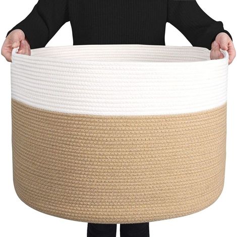 Lntyq grand panier en corde de coton pour le salon - Panier de rangement tissé avec poignée pour couvertures, serviettes et oreillers Panier à linge - Crème et marron (55 x 35 cm)