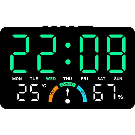 Réveil numérique LED avec affichage de la température et de l'humidité, grand écran, fixation murale ou sur pied, multifonction Gh9007, boîtier noir, éclairage vert (1/5)