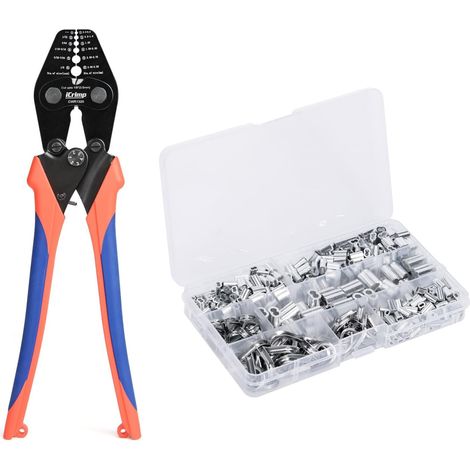 iCrimp Set d'outils de sertissage pour câble métallique, pince à sertir avec coupeur pour 0.3mm-3.5mm, sertisseuse pour cosses ovales et embouts avec 375 pièces de cosses en aluminium