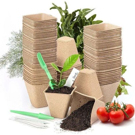 100 Pièces Pots de Semis Biodégradable Godets de Repiquage 8cm Carré Godet Semis Pot Jardinage avec 100 Étiquettes de Plantes pour Graine Légumes Fleurs Succulentes (1/4)