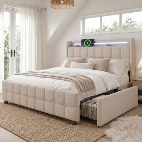 Lit rembourré avec fonction de chargement USB, tête de lit, éclairage LED et lit double 140 x 200 cm  cadre de lit coffre  sommier à lattes en bois (1/5)