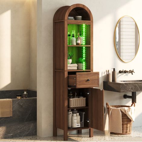 Armoire de salle de bains haute 163 cm en MDF bois foncé, avec éclairage LED RGB pilotable par application, porte réversible, tiroir, étagères ouvertes, fermeture amortie - CHICFURN (1/5)