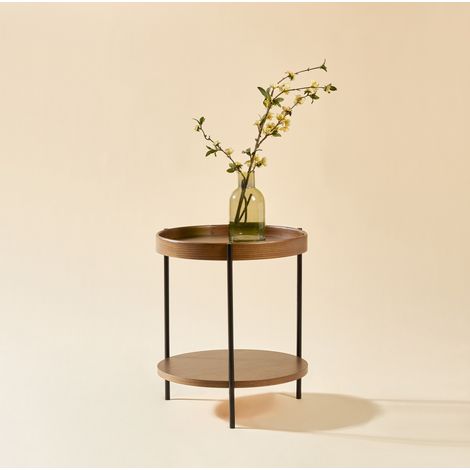 Tavolino da caffè rotondo Ø69x38 cm noce in legno massello e MDF con struttura in metallo nero a 2 ripiani (1/5)