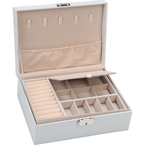 TolleTour Boîte à bijoux Coffret à Bijoux Rangement Organiseur à double couche avec serrure Blanc Coffret Bijoux Verrouillable Jewelry Stockage