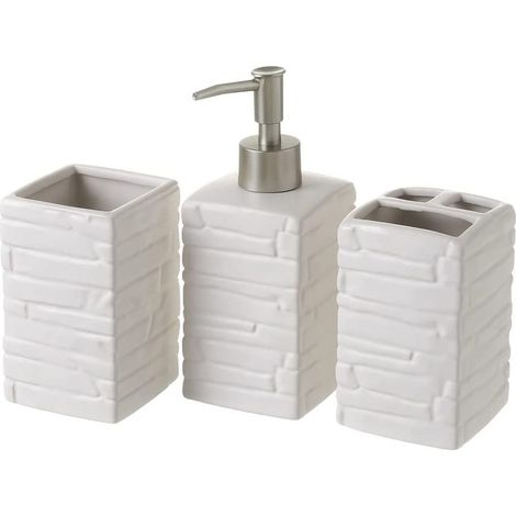 Set 3 Pezzi da Bagno Ceramica Dispenser Porta Spazzolini Bicchiere Bianco Silver (1/4)