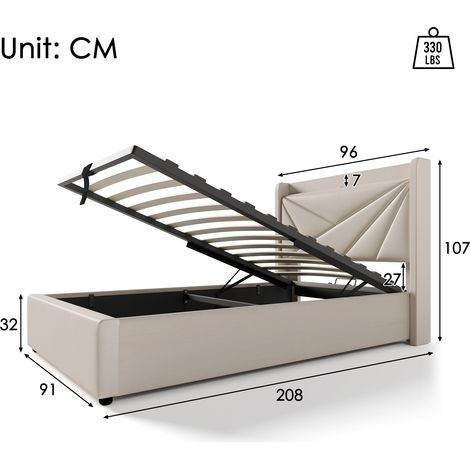 Sommier coffre 90x200 cm avec tête de lit en lin, matelas inclus, chargeur USB Type C intégré, lit boxspring à rangement