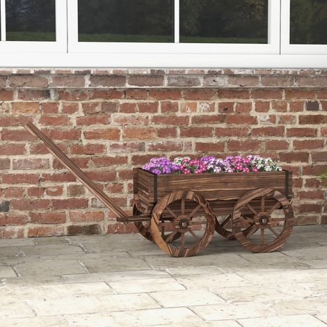 Carrello da esterno in legno con fioriera, 4 ruote e maniglia per balcone, giardino, patio, 120x41x54 cm, carbonizzato