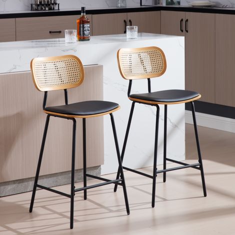 Wahson 2er Set Küchenhocker PU Leder, Rattan Tresenhocker mit Lehne Modern mit Metallbeine Fußstütze für Küche Hausbar Esszimmer, Schwarz