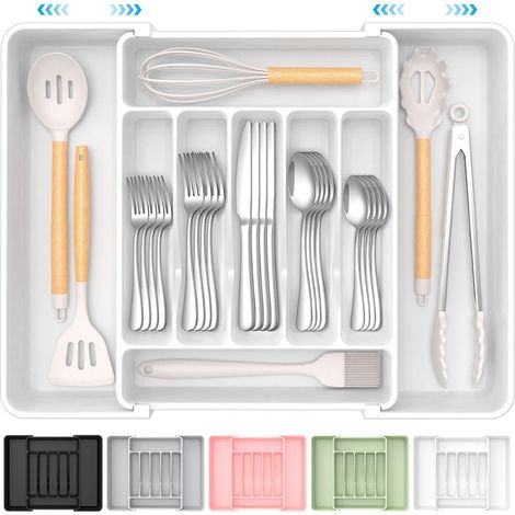 Porte-couverts extensible extra large, boîte de rangement pour couverts, organisateur de tiroir à couverts, porte-couverts réglable, convient aux cuillères, fourchettes et couteaux, blanc (1/4)