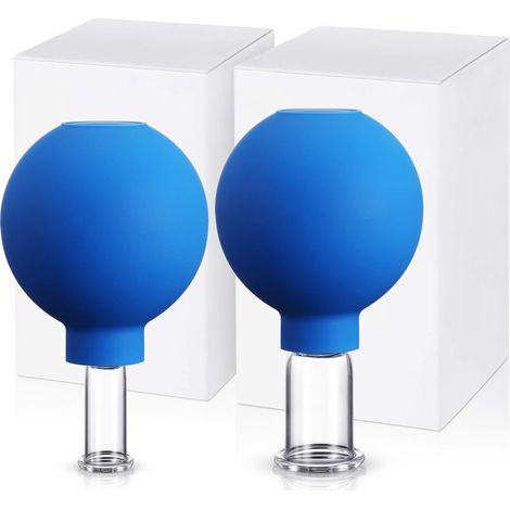 Juego de 2 ventosas de vidrio, ventosas faciales de vidrio y silicona, ventosas de vacío para la piel del rostro, espalda y hombros (2,5 cm y 1 cm de diámetro, azules). (1/4)