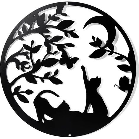 Décoration Murale en Métal avec des Chats, Noir Tenture Décor Silhouette Mur Art pour la Maison Chambre Salon Salle de Bains Cuisine Bureau Jardin Htel Décoration Murale, 30cm de Diamètre (1/4)