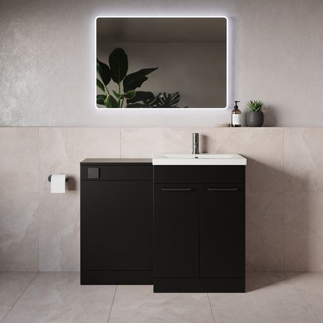 Napoli 390 Matt Black 1100mm 2 Door Vanity Unit Toilet Suite with Glide Basin - 1100mm - Gunmetal Grey 160mm HandleWithout Kingston Toilet Pan