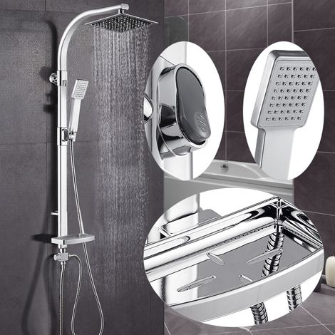 Sifree – Colonne de douche carrée avec douchette à main – Système de douche à tête carrée – Finition chrome – Porte-savon intégré – Tuyau flexible 150 cm (1/5)