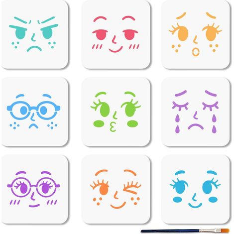 9 pcs Pochoirs d'Expressions Faciales Réutilisables Pochoir Visage Colère Sourire pour Peinture 10x10cm Modèle de Dessin avec Pinceau pour Mur Meuble Toile Décoration Maison (1/5)