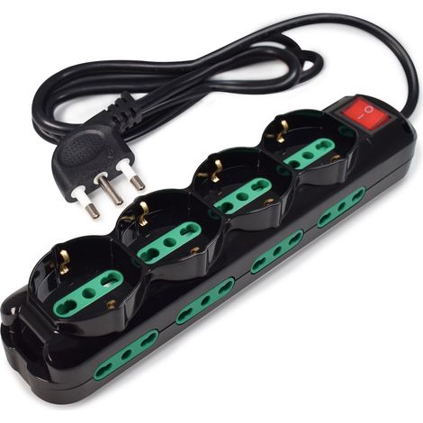 Multiprise 12, 4 Prises Schuko/Italie, 8 Prises Italie 10/16A, Interrupteur Lumineux, Protection Enfants, Câble 1,5m, Entrée Italie 16A 90°, Noir (1/5)