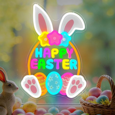 Lumières néon Joyeuses Pâques : Fixation murale possible, Lumières néon en forme de lapin, Intensité variable, Convient aux bureaux, etc., Cadeaux pour la famille. (1/5)