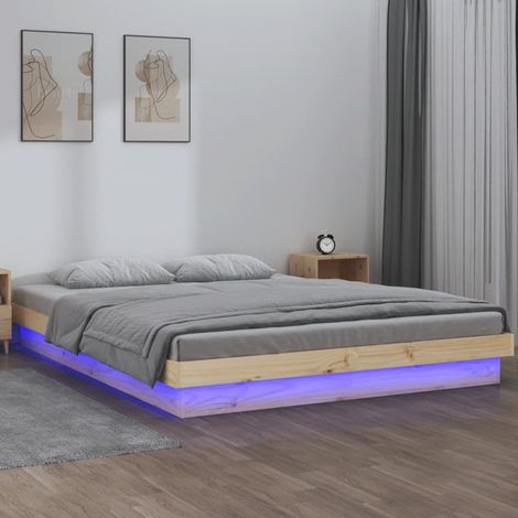 Lit double pour adulte Cadre de lit - à LED 140x190 cm Bois massif BV255520 - BonneVie (1/5)