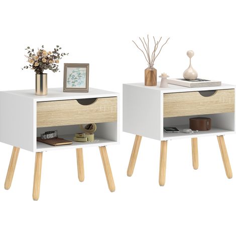 Lot de 2 tables blanc et chêne 50x39x51 cm avec tiroir et étagère de rangement, meuble de chambre et salon design scandinave pratique