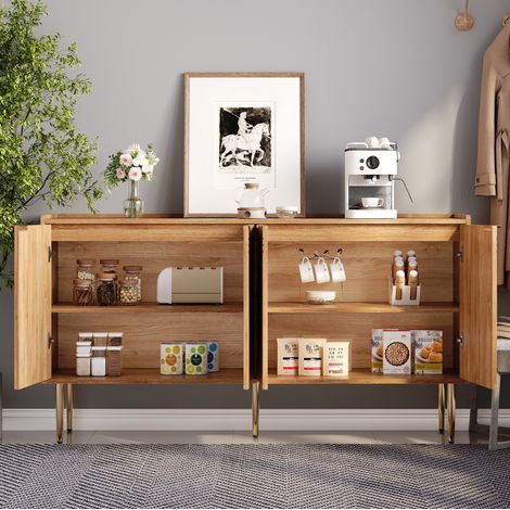 Buffet 4 portes 140 x 38 x 75 cm en MDF naturel avec étagères réglables, DESVIAE (1/5)